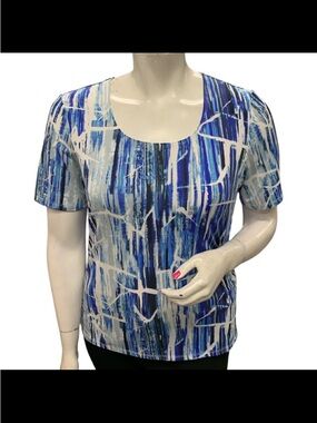 Libra Women's Blue Abstract Scoop Neck Short Sleeve Top Size XL
